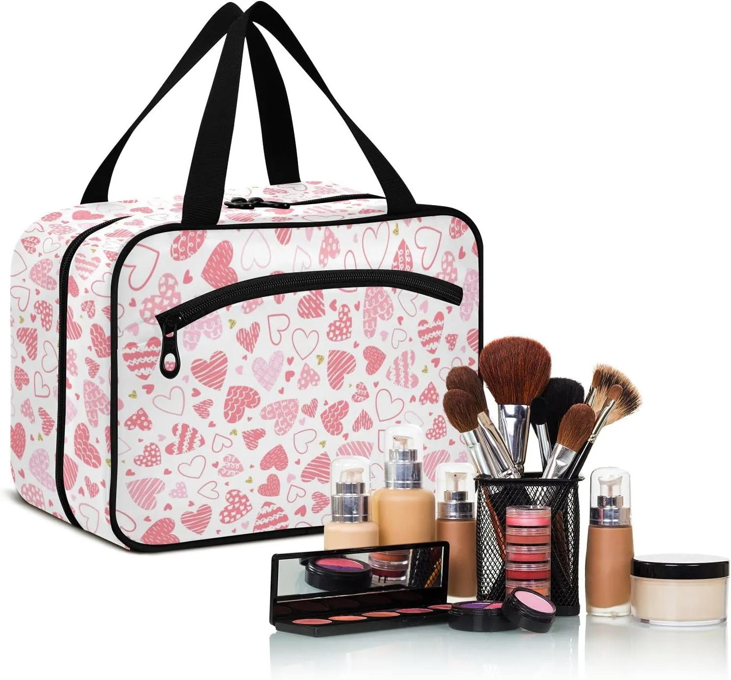 linqin Toiletry Bag for Travel, Cute Hearts Makeup Bag Large Cosmetic Bag Organizer with Hanging Hook for Women Men