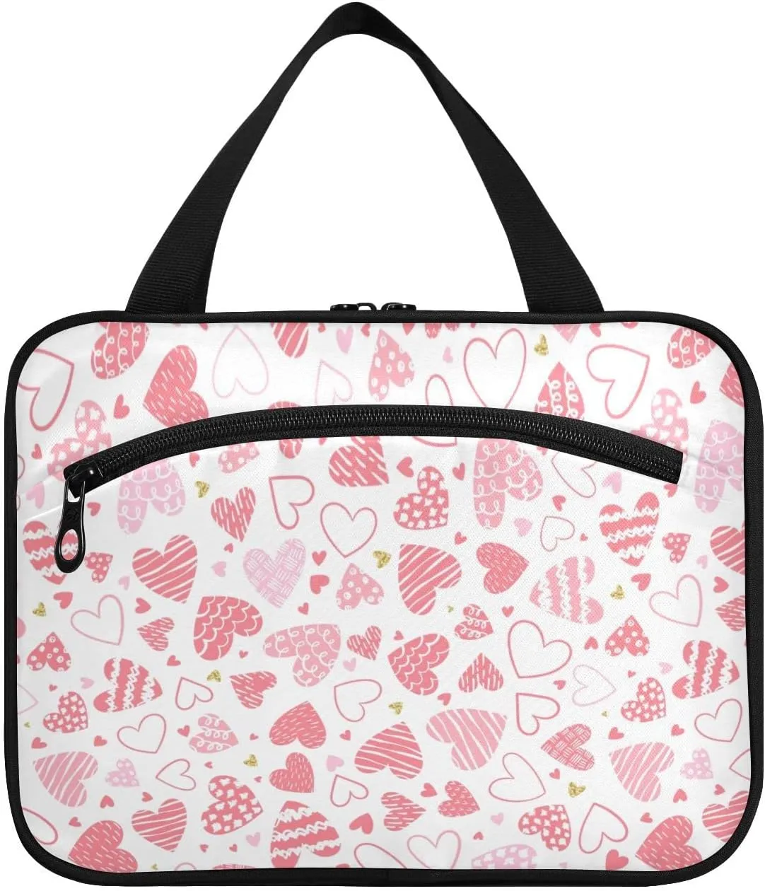 linqin Toiletry Bag for Travel, Cute Hearts Makeup Bag Large Cosmetic Bag Organizer with Hanging Hook for Women Men
