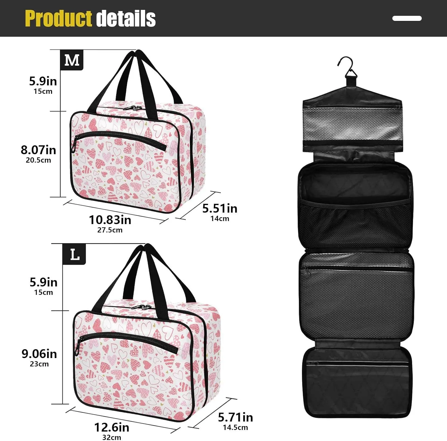 linqin Toiletry Bag for Travel, Cute Hearts Makeup Bag Large Cosmetic Bag Organizer with Hanging Hook for Women Men