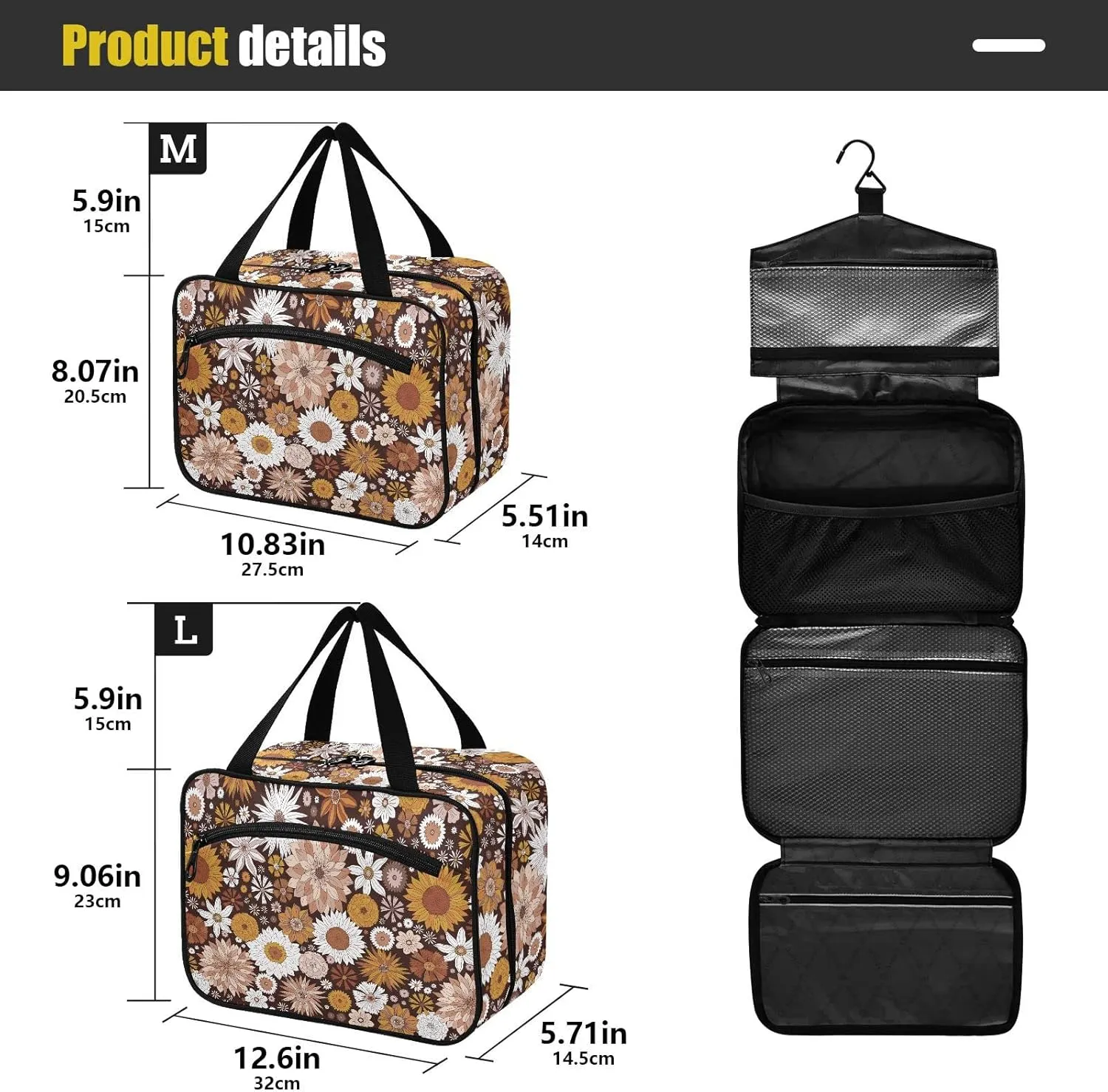 linqin Toiletry Bag for Travel, Mystic Boho Florals Makeup Bag Large Cosmetic Bag Organizer with Hanging Hook for Women Men