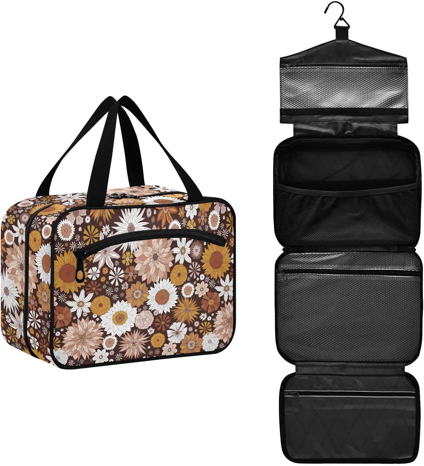 linqin Toiletry Bag for Travel, Mystic Boho Florals Makeup Bag Large Cosmetic Bag Organizer with Hanging Hook for Women Men
