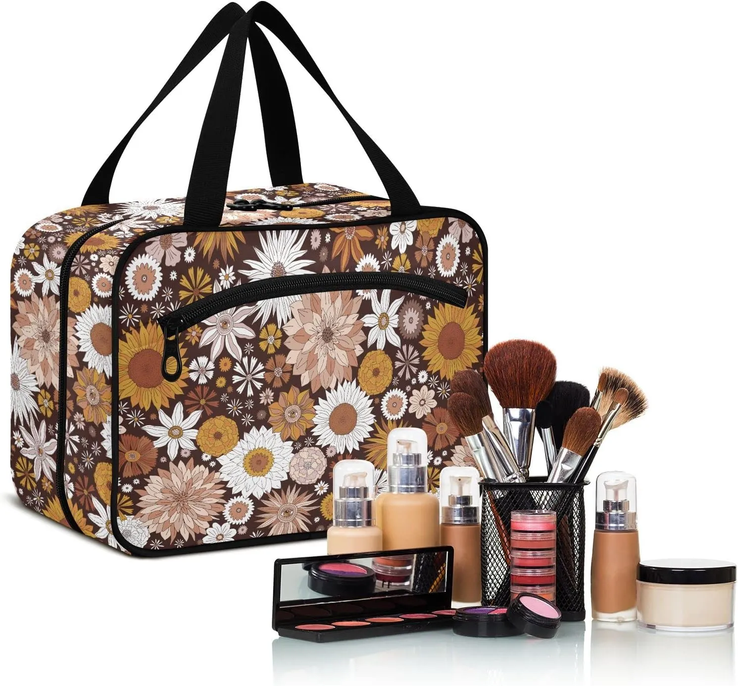 linqin Toiletry Bag for Travel, Mystic Boho Florals Makeup Bag Large Cosmetic Bag Organizer with Hanging Hook for Women Men