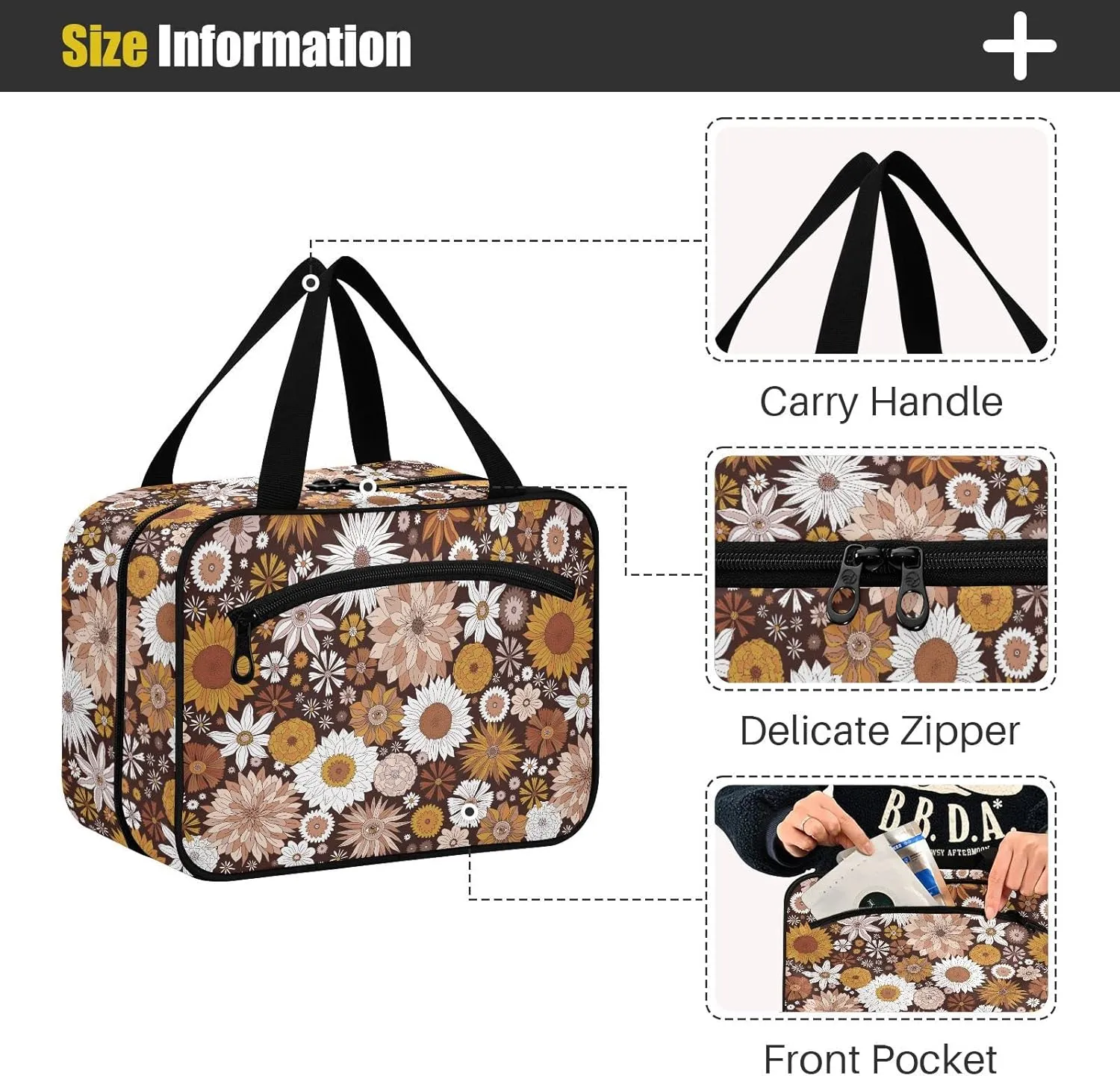 linqin Toiletry Bag for Travel, Mystic Boho Florals Makeup Bag Large Cosmetic Bag Organizer with Hanging Hook for Women Men
