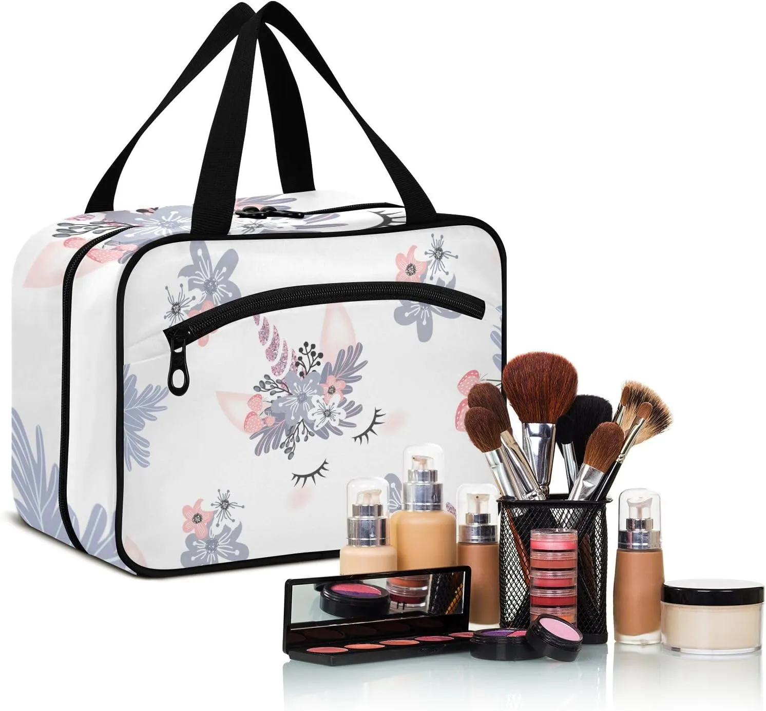 linqin Toiletry Bag for Travel, Unicorn Flowers Makeup Bag Large Cosmetic Bag Organizer with Hanging Hook for Women Men