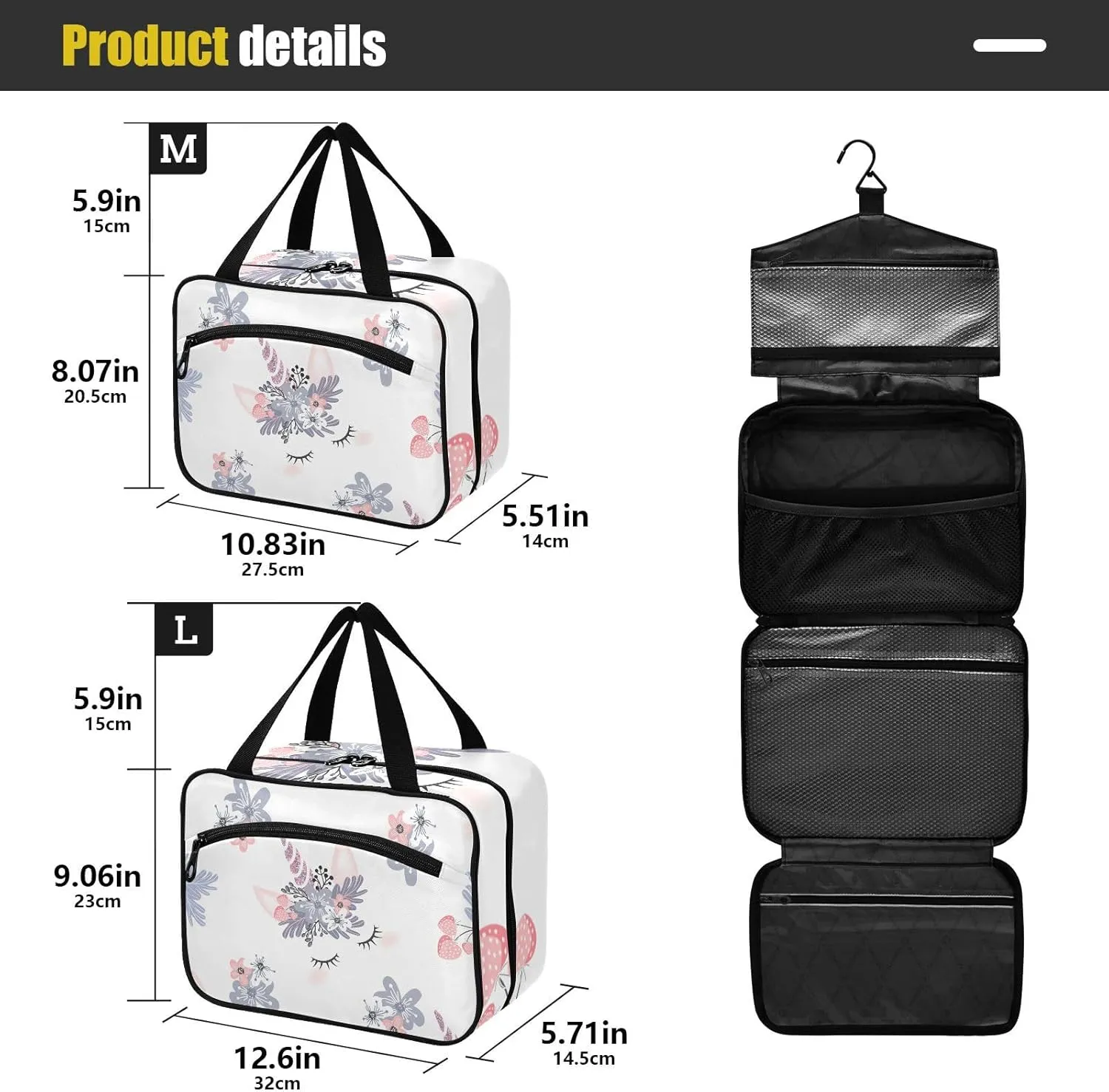linqin Toiletry Bag for Travel, Unicorn Flowers Makeup Bag Large Cosmetic Bag Organizer with Hanging Hook for Women Men