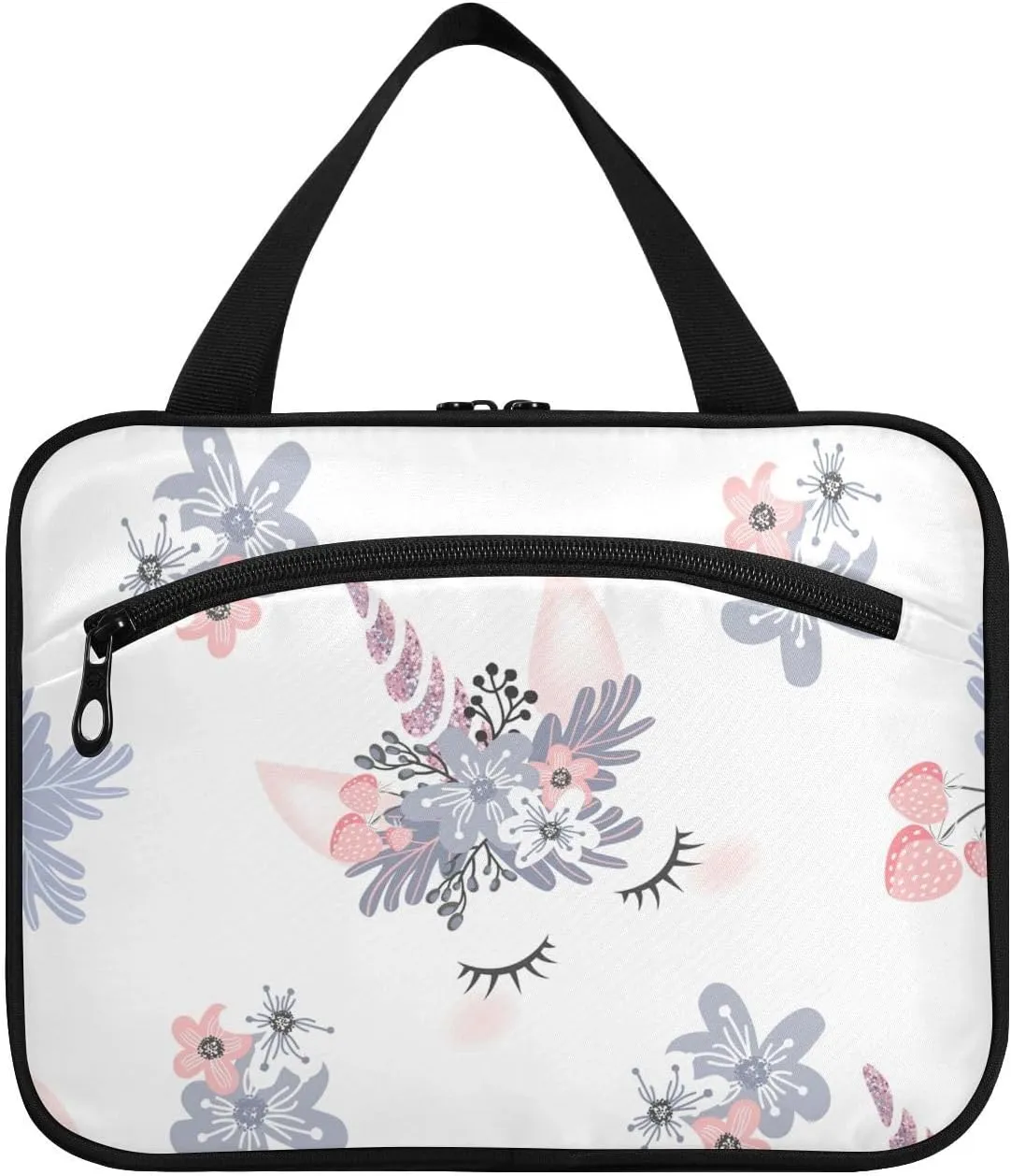 linqin Toiletry Bag for Travel, Unicorn Flowers Makeup Bag Large Cosmetic Bag Organizer with Hanging Hook for Women Men