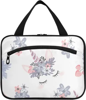 linqin Toiletry Bag for Travel, Unicorn Flowers Makeup Bag Large Cosmetic Bag Organizer with Hanging Hook for Women Men