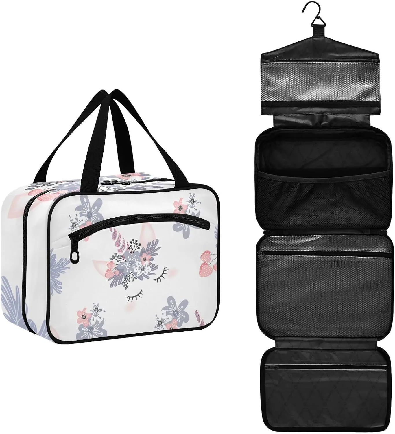 linqin Toiletry Bag for Travel, Unicorn Flowers Makeup Bag Large Cosmetic Bag Organizer with Hanging Hook for Women Men