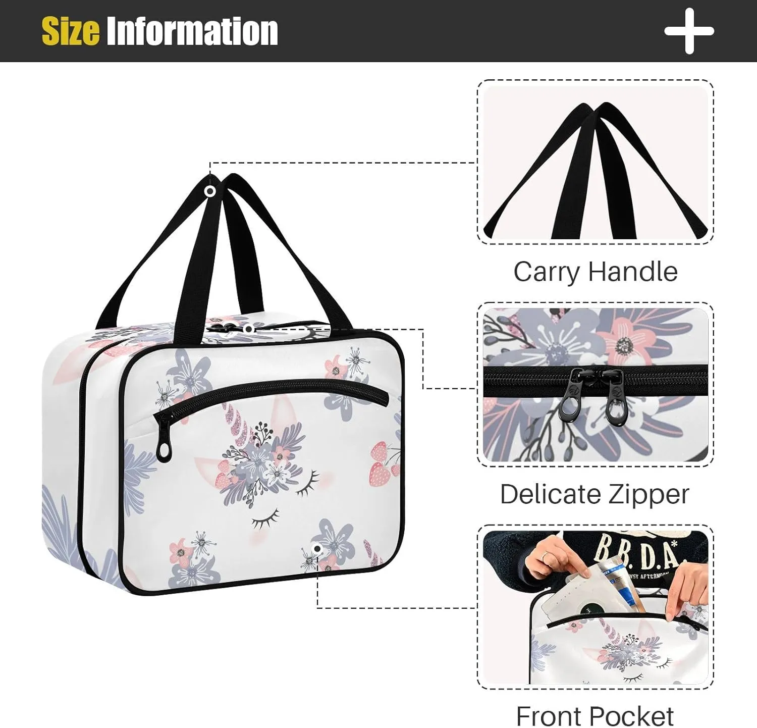 linqin Toiletry Bag for Travel, Unicorn Flowers Makeup Bag Large Cosmetic Bag Organizer with Hanging Hook for Women Men
