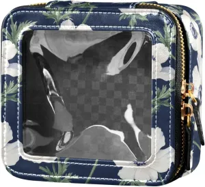 linqin White Anemone Navy Blue Clear Small Makeup Bag Travel Bags for Toiletries Makeup Bag Organizer for Traveling