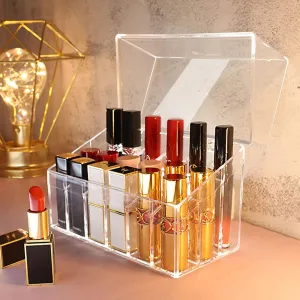 Lipstick Holder 18 Spaces Lipgloss Organizer With Lid , 3 Rows - Nail Polish Organizer Makeup Holder & Cosmetics Storage Display