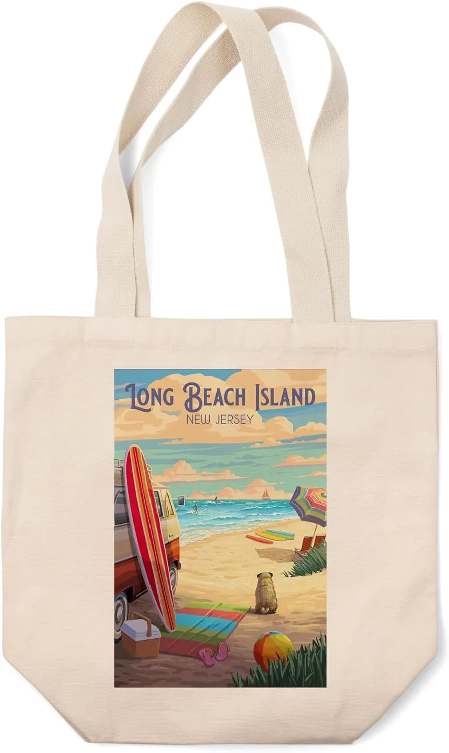 Long Beach Island, New Jersey, Painterly, Beach Activities (100% Cotton Canvas Reusable Tote Bag)