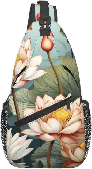 Lotus in the pond Patterned multifunctional crossbody chest bag, suitable for casual hiking, unisex, convenient travel backpack