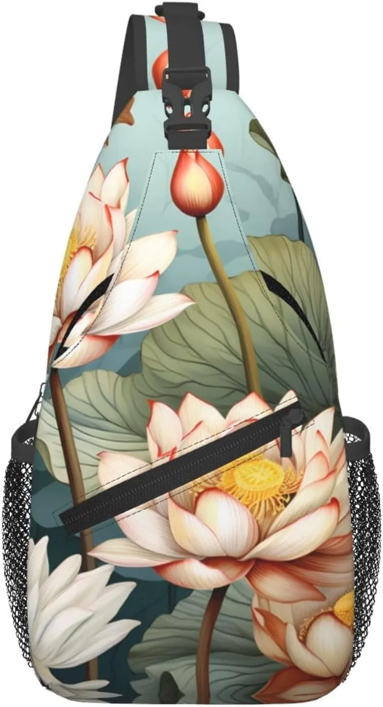 Lotus in the pond Patterned multifunctional crossbody chest bag, suitable for casual hiking, unisex, convenient travel backpack