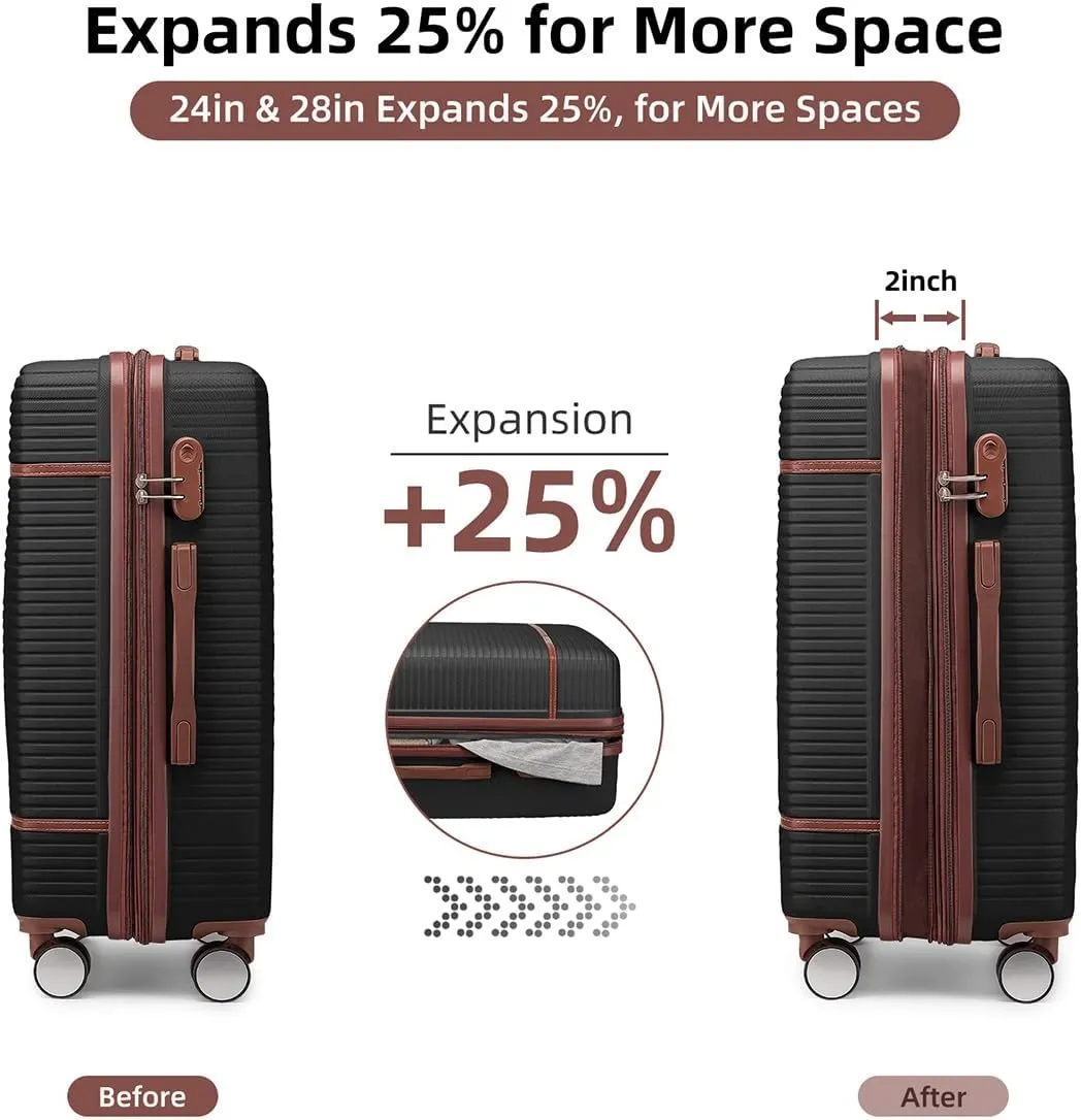 Luggage Sets 6 Piece with two Cosmetic Case, Expandable(Only 28 & 24") Hardside Luggage with 360° Spinner Wheels, Durable Luggage Set Clearance For Women Men, Black