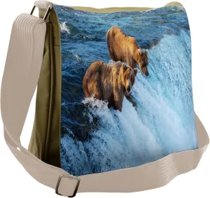 Lunarable Africa Messenger Bag, Grizzly Bear in the Stream, Unisex Cross-body