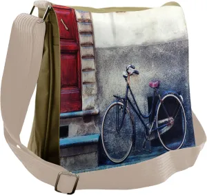 Lunarable Bicycle Messenger Bag, Bike Leans on Wall Urban, Unisex Cross-body