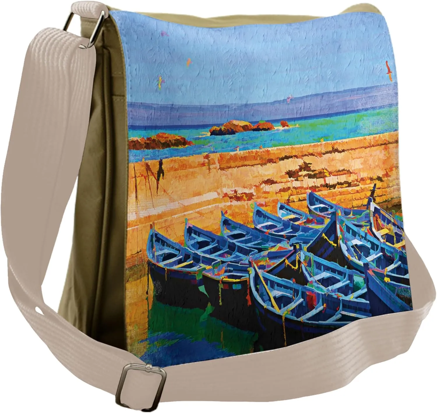 Lunarable Country Messenger Bag, Sea Scenery and Gulls Boats, Unisex Cross-body