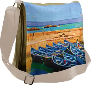 Lunarable Country Messenger Bag, Sea Scenery and Gulls Boats, Unisex Cross-body