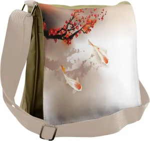 Lunarable Koi Fish Messenger Bag, Blossom Reflecting on Pond, Unisex Cross-body
