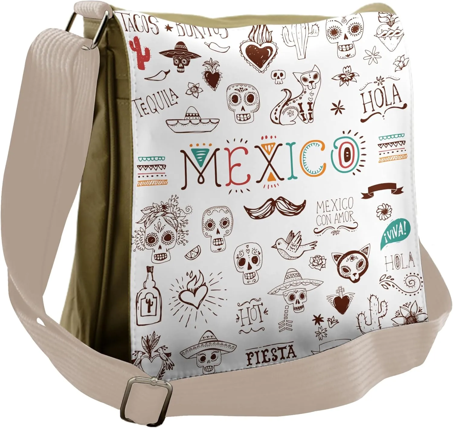 Lunarable Mexican Messenger Bag, Doodle Style Cultural Theme, Unisex Cross-body