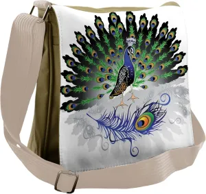 Lunarable Peacock Messenger Bag, Open Tail Bird Tropic, Unisex Cross-body