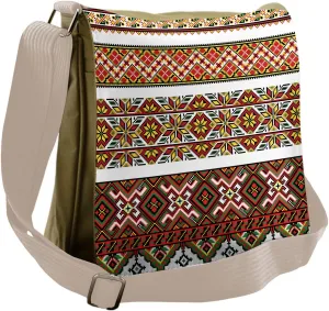 Lunarable Ukrainian Messenger Bag, Chevron Zigzags Diamond, Multicolor Burgundy
