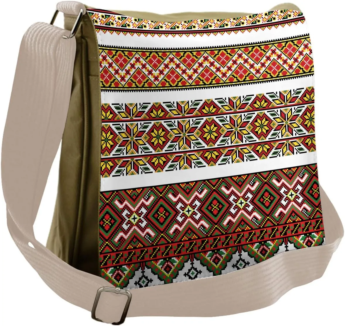 Lunarable Ukrainian Messenger Bag, Chevron Zigzags Diamond, Multicolor Burgundy