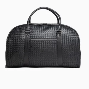 Luxury Black Woven Leather Weekender Bag – Stylish Travel Duffel