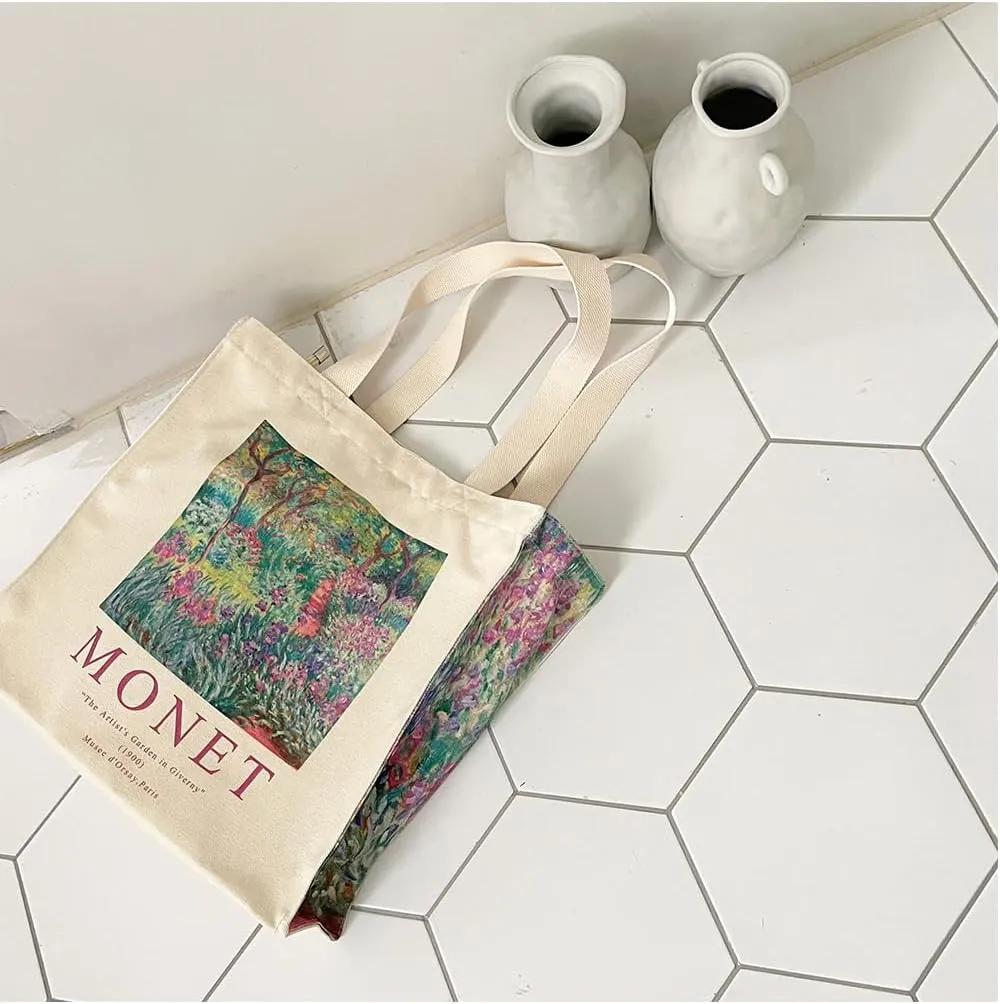 LZ Handbag Tote Bag Large Capacity Women's Canvas Bag Shopping Monet Oil Painting With Zipper Library, Carry Laptop