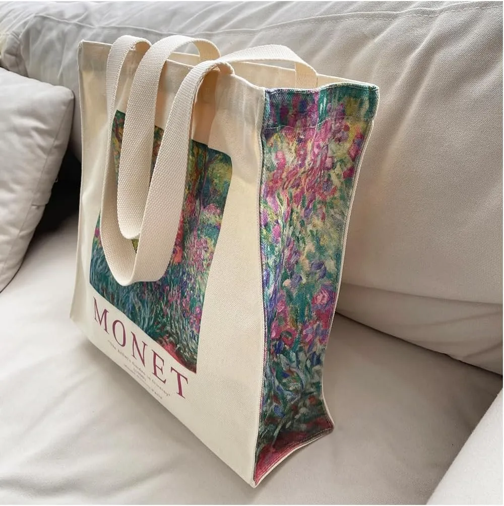 LZ Handbag Tote Bag Large Capacity Women's Canvas Bag Shopping Monet Oil Painting With Zipper Library, Carry Laptop