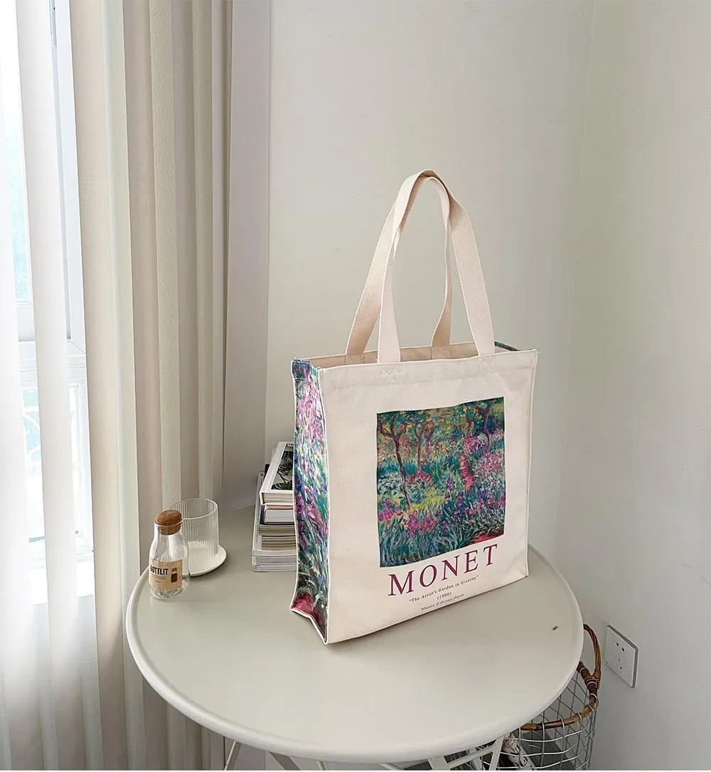 LZ Handbag Tote Bag Large Capacity Women's Canvas Bag Shopping Monet Oil Painting With Zipper Library, Carry Laptop