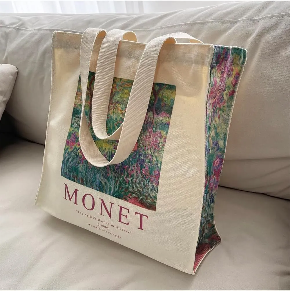 LZ Handbag Tote Bag Large Capacity Women's Canvas Bag Shopping Monet Oil Painting With Zipper Library, Carry Laptop