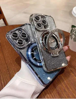 Magnetic Kickstand (Glitter Lens Protector ) Case for IPhone 15 14 13 12 Pro Max (Compatible with Magsafe ) Sparkling Diamond Cover Glitter Shiny Rhinestone Cases (Blue,for iPhone 15 Pro)