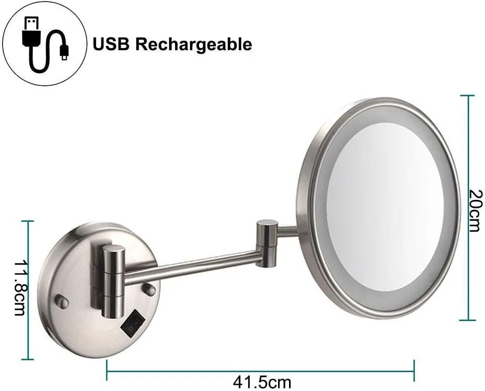 Magnification Wall Mounted Mirrors Makeup Shaving Mirror USB Rechargeable LED Lighted Bathroom Mirror for Hotel Vanity with Adjustable Extendable Square 8 inch(Archaize)
