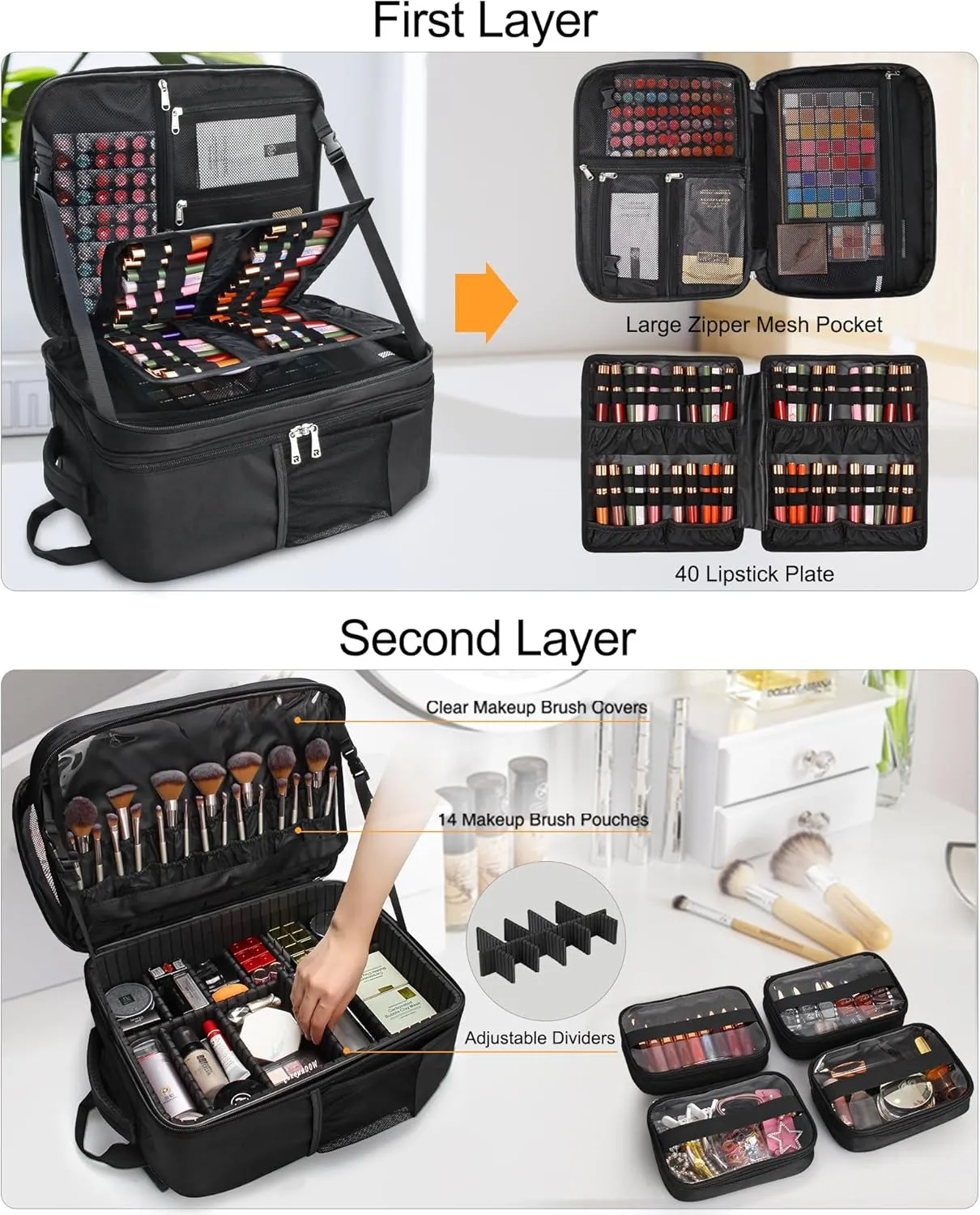 Makeup Backpack Makeup Artist Bag Professional Extra Large Cosmetic Bags Travel Train Case Storage Organizer Double-Layer Cosmetic Case with 4 Pouch and Brush Organizer (Black, two piece)