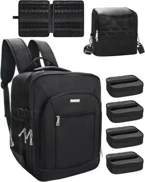 Makeup Backpack Makeup Artist Bag Professional Extra Large Cosmetic Bags Travel Train Case Storage Organizer Double-Layer Cosmetic Case with 4 Pouch and Brush Organizer (Black, two piece)