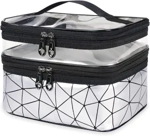 Makeup Bag, Double Layer Cosmetic Case Organizer, Girls Toiletry Bag, Clear Waterproof Cosmetic Bags With Handle, for Women Traveling Accessories Bottles, Brushes, Skin Care Products (Silver)