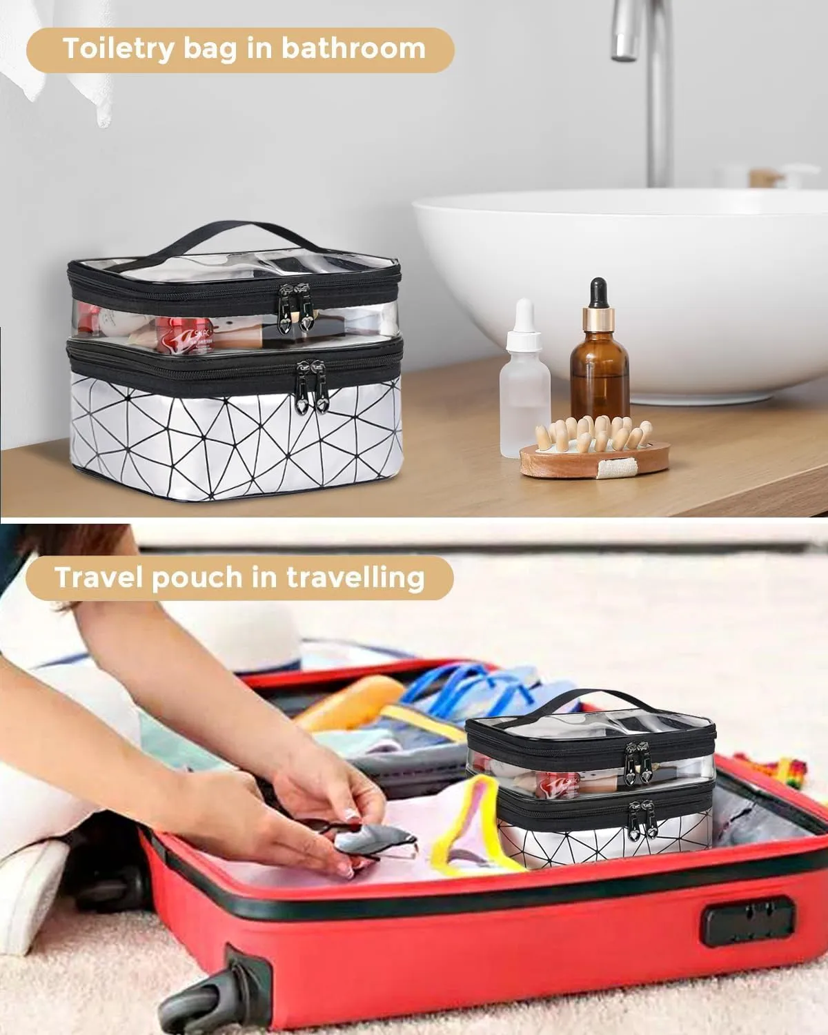 Makeup Bag, Double Layer Cosmetic Case Organizer, Girls Toiletry Bag, Clear Waterproof Cosmetic Bags With Handle, for Women Traveling Accessories Bottles, Brushes, Skin Care Products (Silver)
