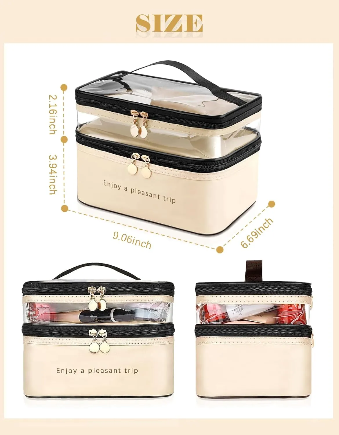 Makeup Bag, Double Layer Cosmetic Case Organizer, Girls Toiletry Bag, Clear Waterproof Cosmetic Bags With Handle, for Women Traveling Accessories Bottles, Brushes, Skin Care Products (Silver)