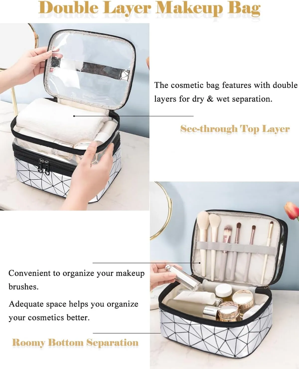 Makeup Bag, Double Layer Cosmetic Case Organizer, Girls Toiletry Bag, Clear Waterproof Cosmetic Bags With Handle, for Women Traveling Accessories Bottles, Brushes, Skin Care Products (Silver)