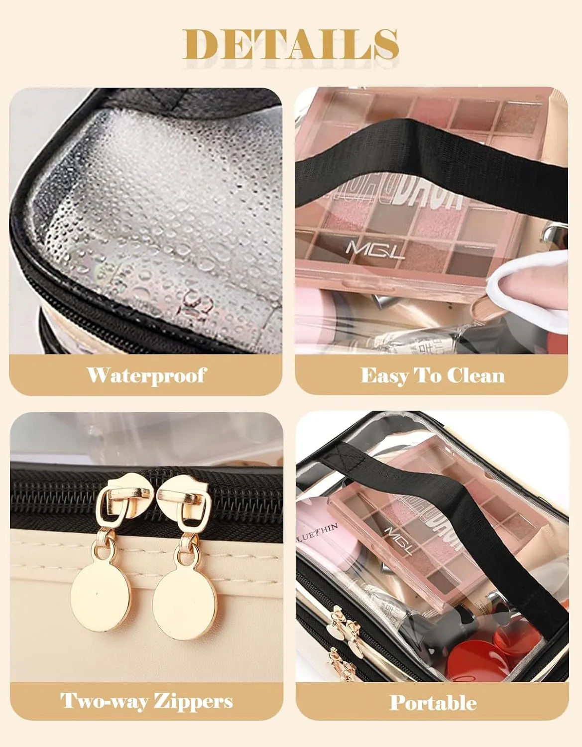 Makeup Bag, Double Layer Cosmetic Case Organizer, Girls Toiletry Bag, Clear Waterproof Cosmetic Bags With Handle, for Women Traveling Accessories Bottles, Brushes, Skin Care Products (Silver)