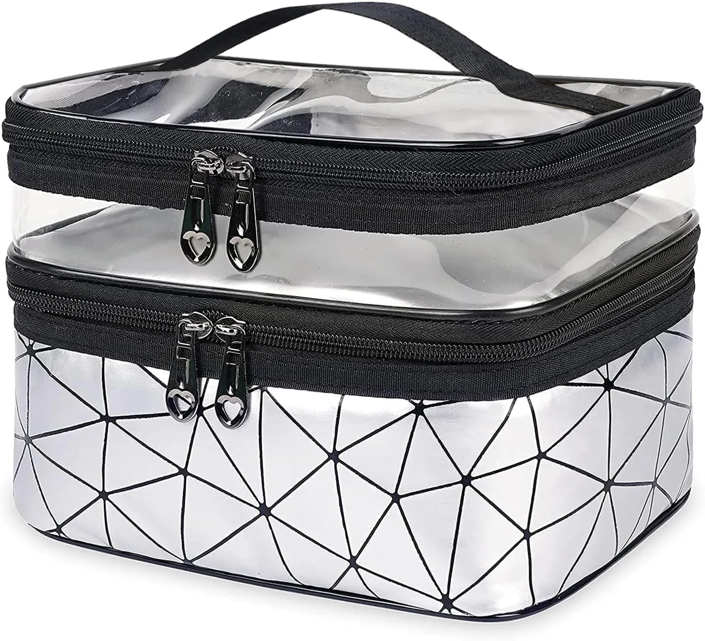 Makeup Bag, Double Layer Cosmetic Case Organizer, Girls Toiletry Bag, Clear Waterproof Cosmetic Bags With Handle, for Women Traveling Accessories Bottles, Brushes, Skin Care Products (Silver)