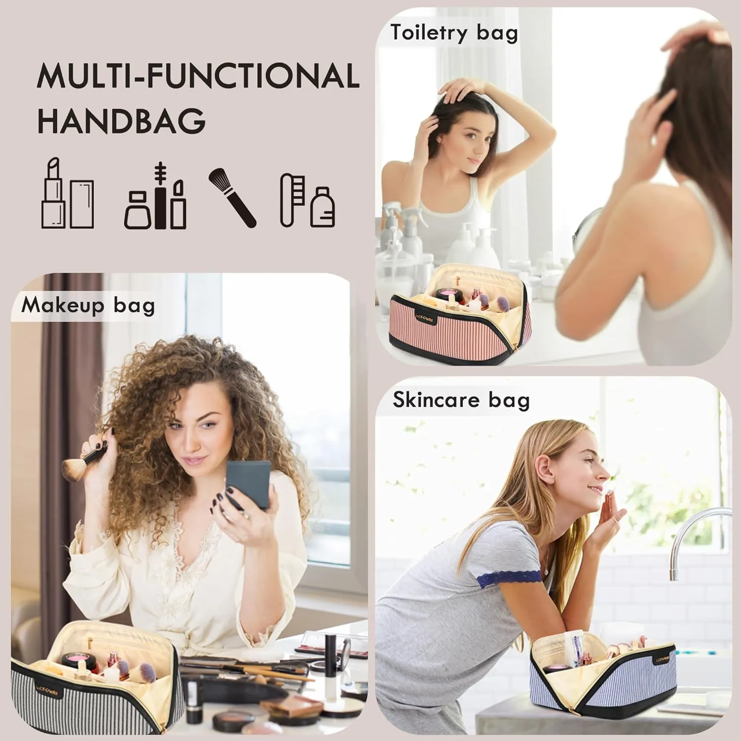 Makeup Bag Large Capacity Travel Make Up Bag, Makeup Organizer Cosmetic Bags for Women Travel Toiletry Bag for Women Skincare Bag with Handle and Divider