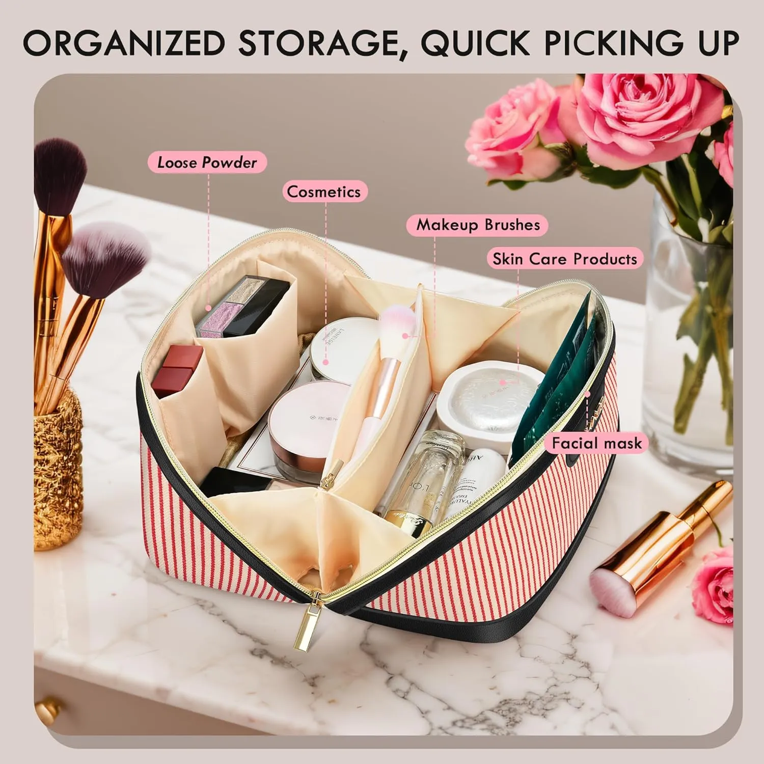 Makeup Bag Large Capacity Travel Make Up Bag, Makeup Organizer Cosmetic Bags for Women Travel Toiletry Bag for Women Skincare Bag with Handle and Divider
