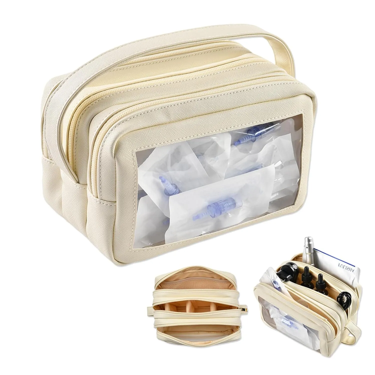 Makeup Bag Large Capacity, Waterproof Travel Cosmetic Bag for Professional Microneedling Pen & Replacement Cartridges, Portable Cosmetic Organizer for Women Girls (Milky White, Bag Only)