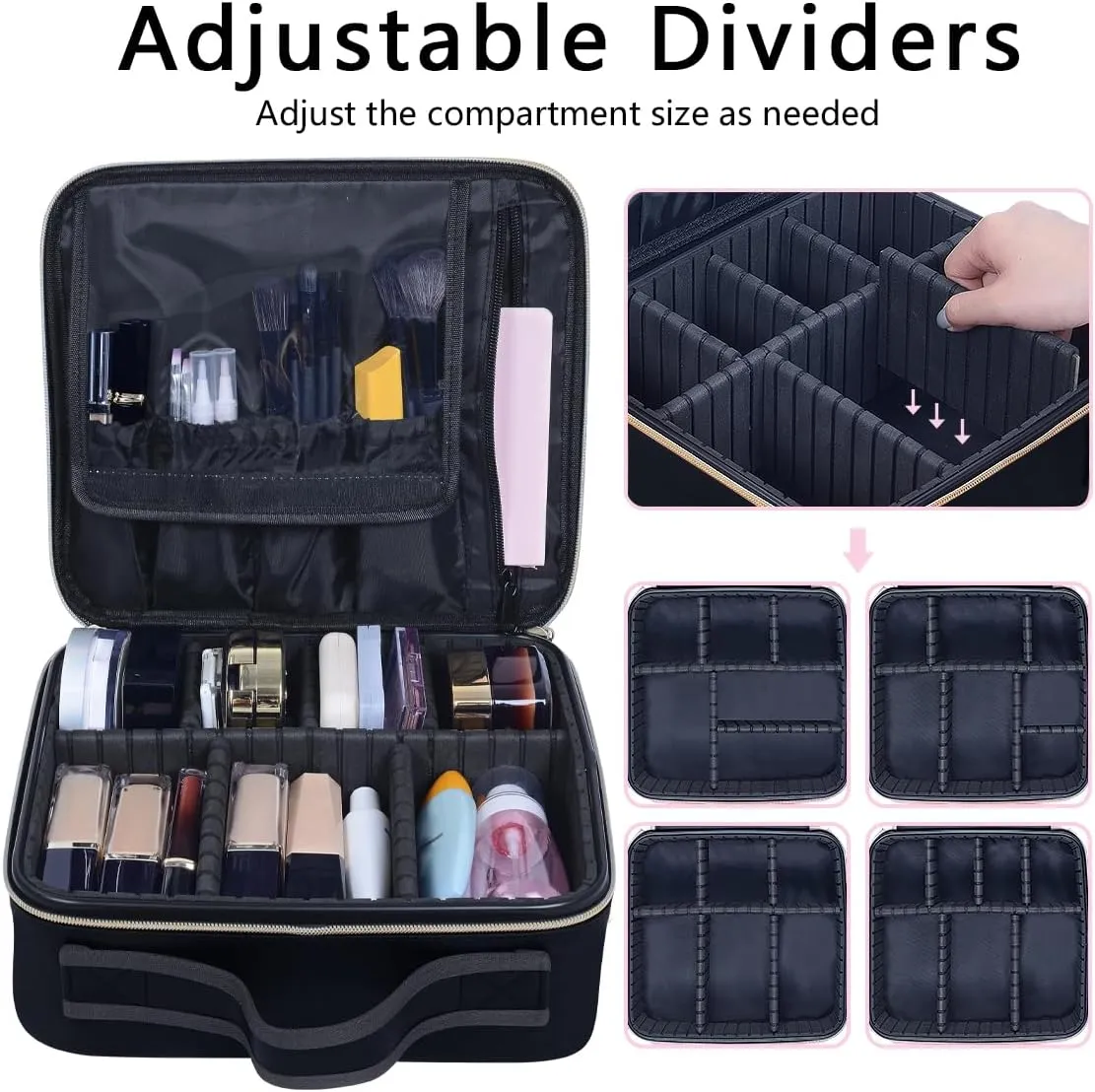 Makeup Bag Organizer Travel Case with Adjustable Dividers Light Portable Train Storage Bag for Makeup Brushes Jewelry Accessories (Black)