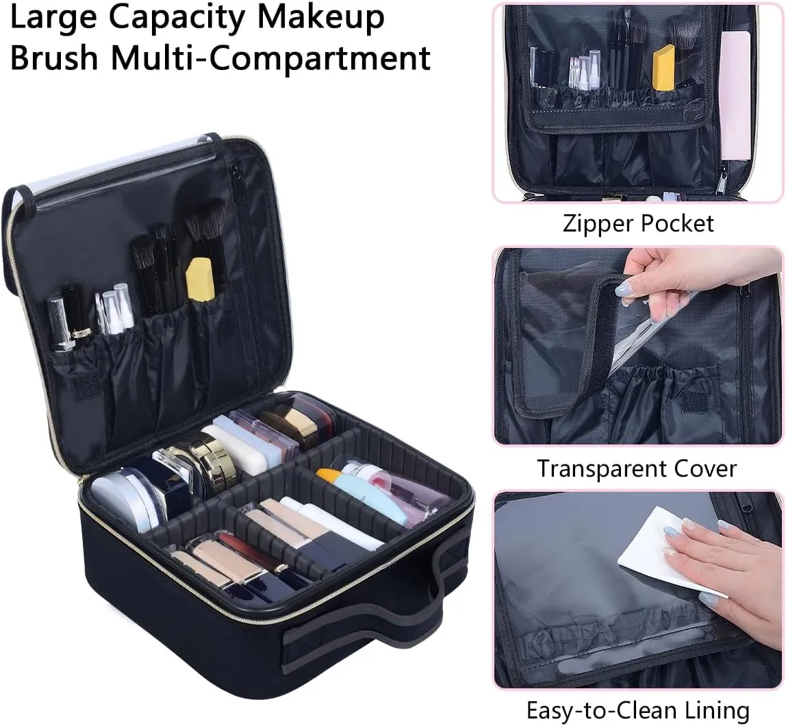 Makeup Bag Organizer Travel Case with Adjustable Dividers Light Portable Train Storage Bag for Makeup Brushes Jewelry Accessories (Black)