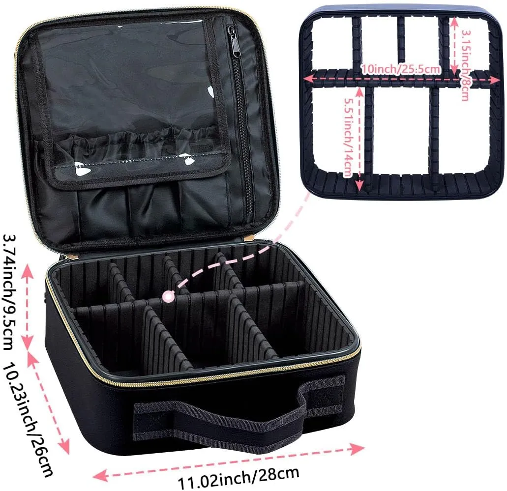 Makeup Bag Organizer Travel Case with Adjustable Dividers Light Portable Train Storage Bag for Makeup Brushes Jewelry Accessories (Black)