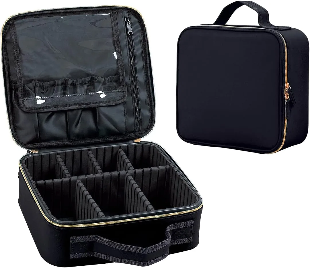 Makeup Bag Organizer Travel Case with Adjustable Dividers Light Portable Train Storage Bag for Makeup Brushes Jewelry Accessories (Black)
